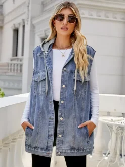 Hooded Denim Vest For Women - Oversized Longline Distressed Sleeveless Jean Jacket Coat - Spring Summer Streetwear 2026