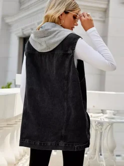 Hooded Denim Vest For Women - Oversized Longline Distressed Sleeveless Jean Jacket Coat - Spring Summer Streetwear 2026
