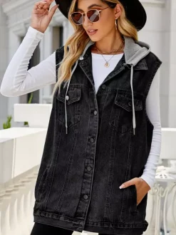 Hooded Denim Vest For Women - Oversized Longline Distressed Sleeveless Jean Jacket Coat - Spring Summer Streetwear 2026