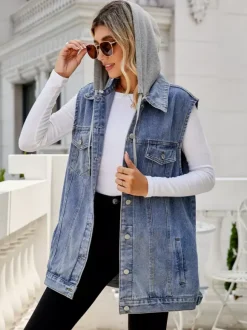 Hooded Denim Vest For Women - Oversized Longline Distressed Sleeveless Jean Jacket Coat - Spring Summer Streetwear 2026