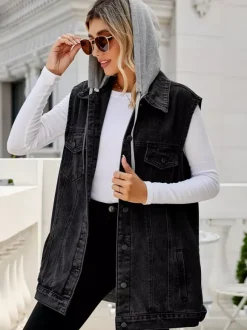Hooded Denim Vest For Women - Oversized Longline Distressed Sleeveless Jean Jacket Coat - Spring Summer Streetwear 2026