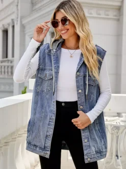 Hooded Denim Vest For Women - Oversized Longline Distressed Sleeveless Jean Jacket Coat - Spring Summer Streetwear 2026