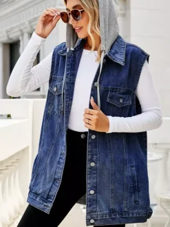 Hooded Denim Vest For Women - Oversized Longline Distressed Sleeveless Jean Jacket Coat - Spring Summer Streetwear 2026