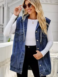 Hooded Denim Vest For Women - Oversized Longline Distressed Sleeveless Jean Jacket Coat - Spring Summer Streetwear 2026