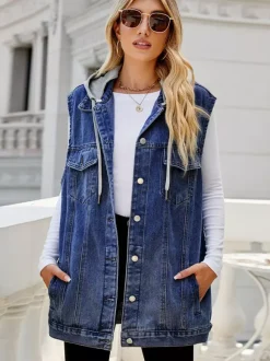 Hooded Denim Vest For Women - Oversized Longline Distressed Sleeveless Jean Jacket Coat - Spring Summer Streetwear 2026
