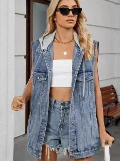 Hooded Denim Vest For Women - Oversized Longline Distressed Sleeveless Jean Jacket Coat - Spring Summer Streetwear 2026