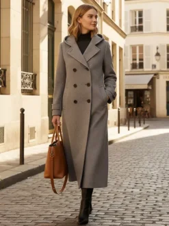 Hooded Double-Breasted Long Woolen Coat With Cuff Tabs For Women 2026