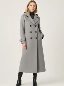 Hooded Double-Breasted Long Woolen Coat With Cuff Tabs For Women 2026