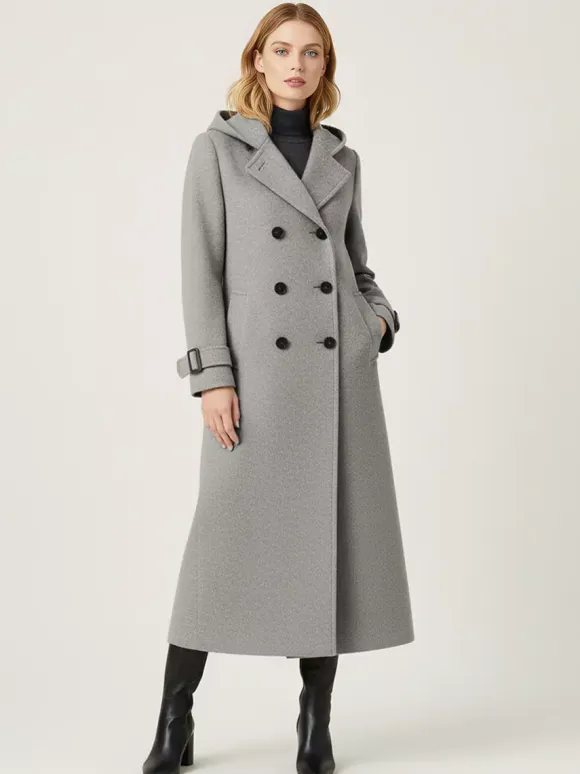 Hooded Double-Breasted Long Woolen Coat With Cuff Tabs For Women 2026