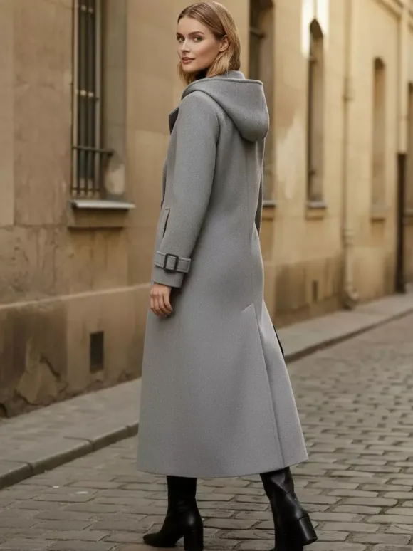 Hooded Double-Breasted Long Woolen Coat With Cuff Tabs For Women 2026