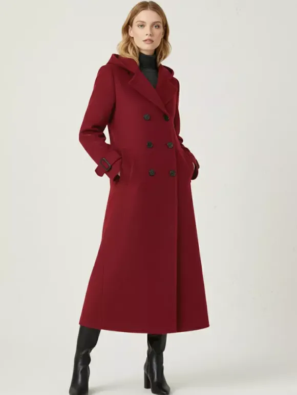 Hooded Double-Breasted Long Woolen Coat With Cuff Tabs For Women 2026