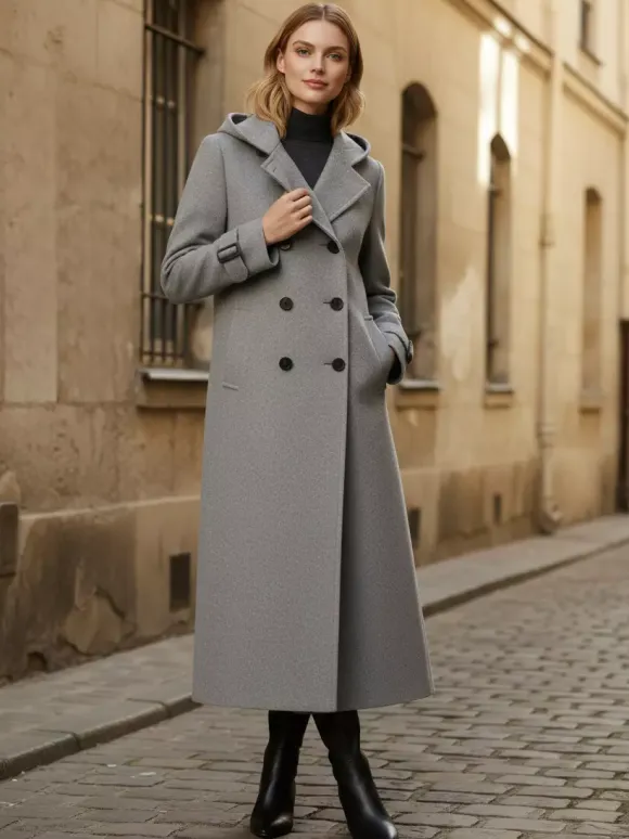 Hooded Double-Breasted Long Woolen Coat With Cuff Tabs For Women 2026