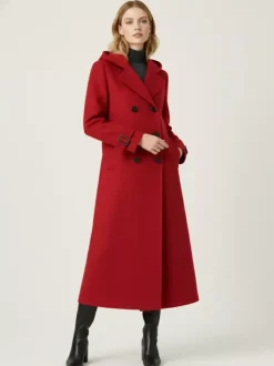 Hooded Double-Breasted Long Woolen Coat With Cuff Tabs For Women 2026