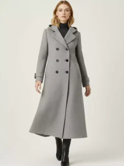 Hooded Double-Breasted Long Woolen Coat With Cuff Tabs For Women 2026