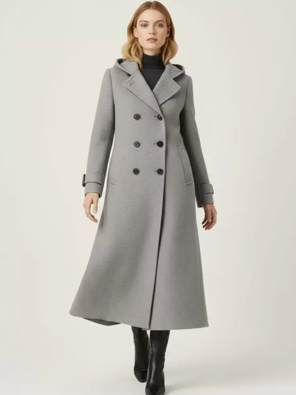 Hooded Double-Breasted Long Woolen Coat With Cuff Tabs For Women 2026