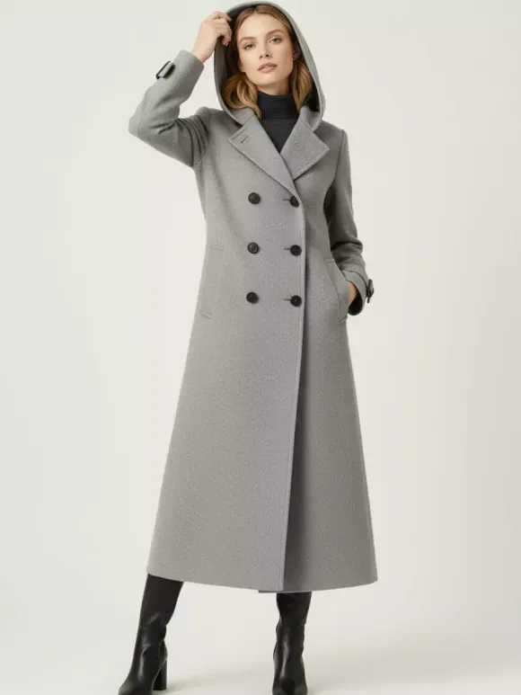 Hooded Double-Breasted Long Woolen Coat With Cuff Tabs For Women 2026