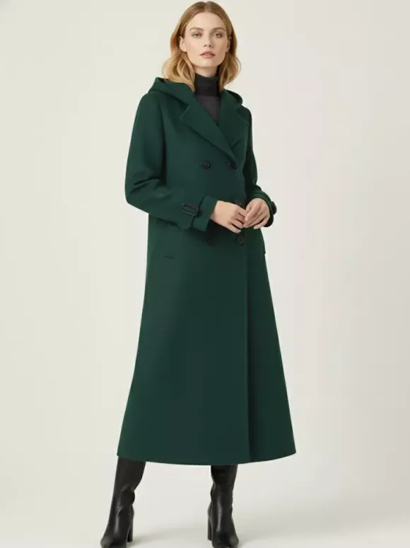 Hooded Double-Breasted Long Woolen Coat With Cuff Tabs For Women 2026
