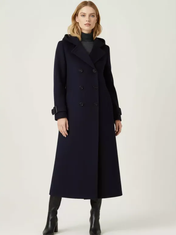 Hooded Double-Breasted Long Woolen Coat With Cuff Tabs For Women 2026