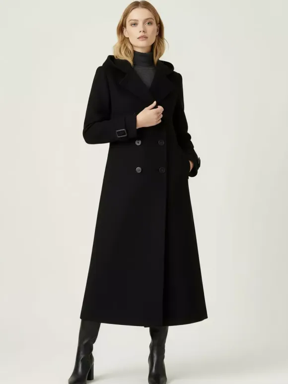 Hooded Double-Breasted Long Woolen Coat With Cuff Tabs For Women 2026