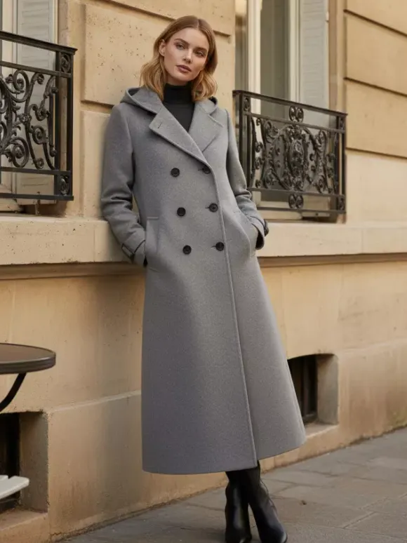 Hooded Double-Breasted Long Woolen Coat With Cuff Tabs For Women 2026