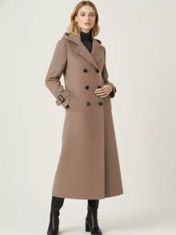 Hooded Double-Breasted Long Woolen Coat With Cuff Tabs For Women 2026
