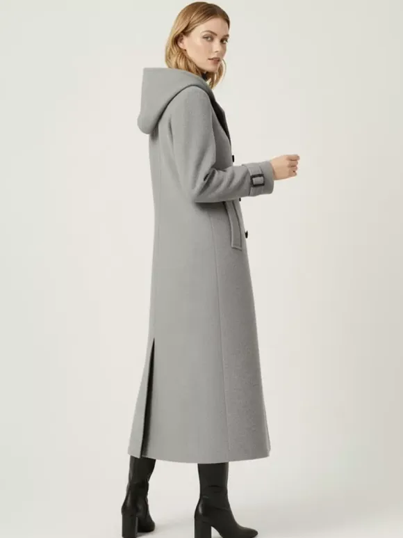 Hooded Double-Breasted Long Woolen Coat With Cuff Tabs For Women 2026