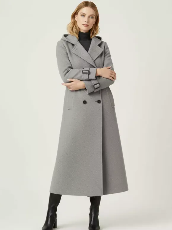 Hooded Double-Breasted Long Woolen Coat With Cuff Tabs For Women 2026