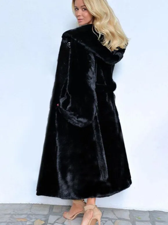 Hooded Faux Fur Coat Belted Winter Eco-friendly Fur Coat For Women 2026
