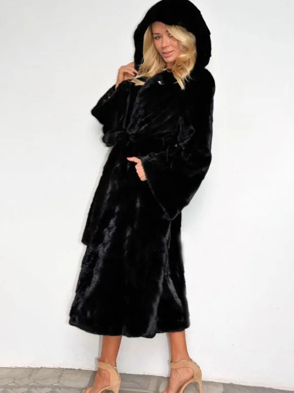 Hooded Faux Fur Coat Belted Winter Eco-friendly Fur Coat For Women 2026
