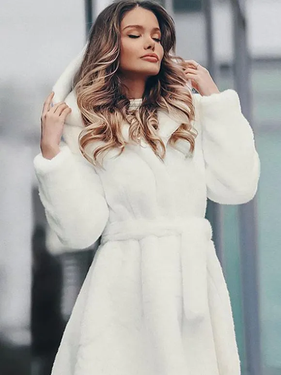 Hooded Faux Fur Coat Belted Winter Eco-friendly Fur Coat For Women 2026