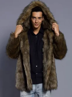 Hooded Men's Faux Fur Coat Dark Brown Long-Sleeved Jacket with Turn-Down Collar