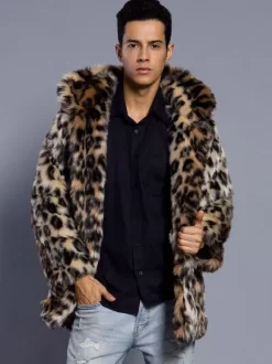 Hooded Men's Faux Fur Coat Dark Brown Long-Sleeved Jacket with Turn-Down Collar