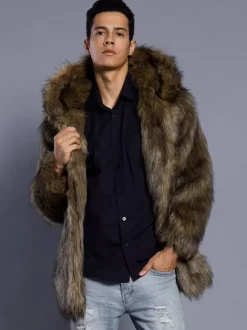 Hooded Men's Faux Fur Coat Dark Brown Long-Sleeved Jacket with Turn-Down Collar