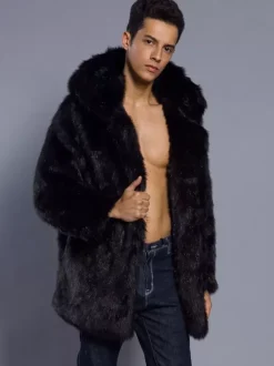 Hooded Men's Faux Fur Coat Dark Brown Long-Sleeved Jacket with Turn-Down Collar