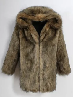Hooded Men's Faux Fur Coat Dark Brown Long-Sleeved Jacket with Turn-Down Collar