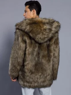 Hooded Men's Faux Fur Coat Dark Brown Long-Sleeved Jacket with Turn-Down Collar