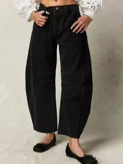 Horseshoe Barrel Jeans For Women - Baggy Wide Leg Washed Denim Trousers With Curved Seam - Spring Streetwear 2026