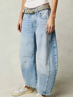 Horseshoe Barrel Jeans For Women - Baggy Wide Leg Washed Denim Trousers With Curved Seam - Spring Streetwear 2026