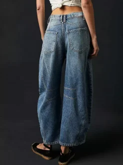 Horseshoe Barrel Jeans For Women - Baggy Wide Leg Washed Denim Trousers With Curved Seam - Spring Streetwear 2026