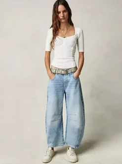 Horseshoe Barrel Jeans For Women - Baggy Wide Leg Washed Denim Trousers With Curved Seam - Spring Streetwear 2026