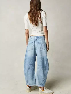 Horseshoe Barrel Jeans For Women - Baggy Wide Leg Washed Denim Trousers With Curved Seam - Spring Streetwear 2026