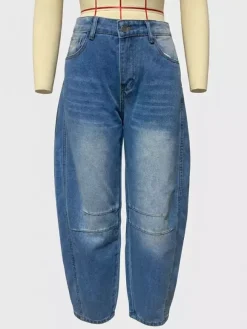 Horseshoe Barrel Jeans For Women - Baggy Wide Leg Washed Denim Trousers With Curved Seam - Spring Streetwear 2026