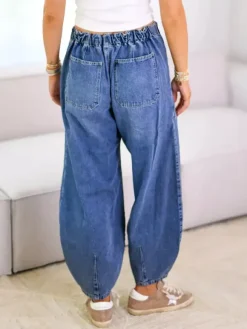 Horseshoe Barrel Washed Jeans For Women - Casual Tie Waist Seam Front Balloon Pants - Spring Streetwear 2026