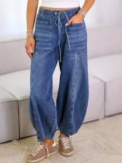 Horseshoe Barrel Washed Jeans For Women - Casual Tie Waist Seam Front Balloon Pants - Spring Streetwear 2026