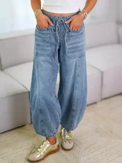 Horseshoe Barrel Washed Jeans For Women - Casual Tie Waist Seam Front Balloon Pants - Spring Streetwear 2026