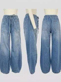 Horseshoe Barrel Washed Jeans For Women - Casual Tie Waist Seam Front Balloon Pants - Spring Streetwear 2026