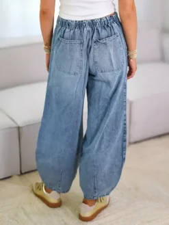 Horseshoe Barrel Washed Jeans For Women - Casual Tie Waist Seam Front Balloon Pants - Spring Streetwear 2026
