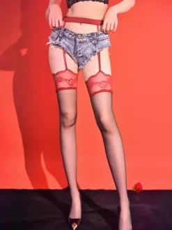 Hosiery Stockings Women White Lace Garter Stockings Set Lace Trimmed Ultra Sheer Thigh Highs With Detachable Straps