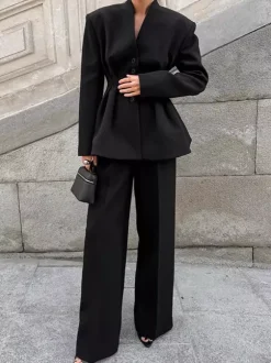 Hourglass Blazer Set For Office Lady - Black Modern Pleated Cinched Waist Tailoring - 2026 Spring Workwear Suit