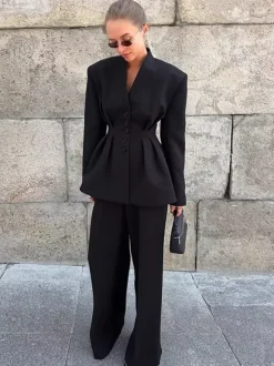 Hourglass Blazer Set For Office Lady - Black Modern Pleated Cinched Waist Tailoring - 2026 Spring Workwear Suit